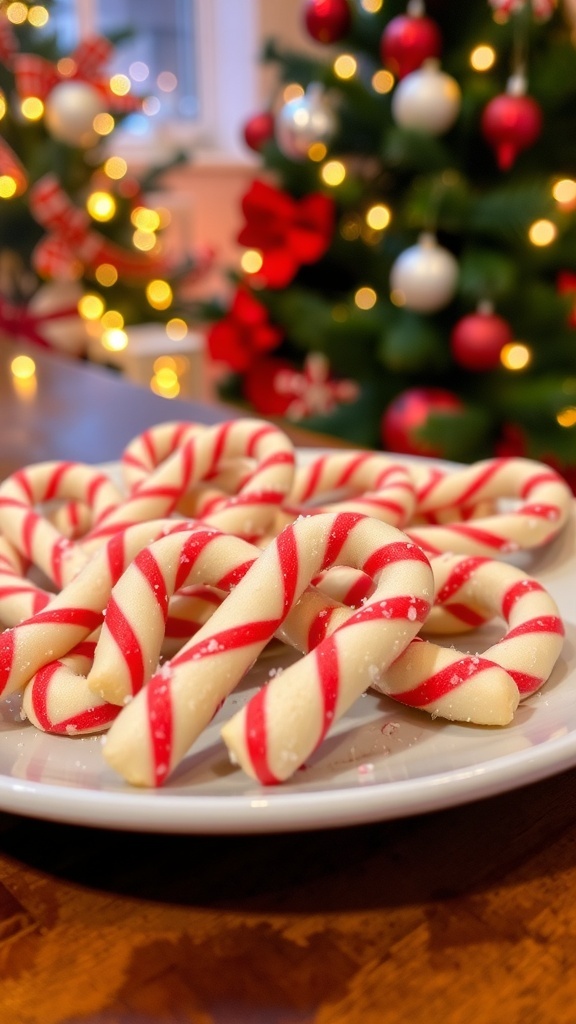 Christmas Candy Cane Cookies Recipe A plate of candy cane cookies with red and white stripes, decorated with crushed candy canes, set against a festive holiday backdrop.